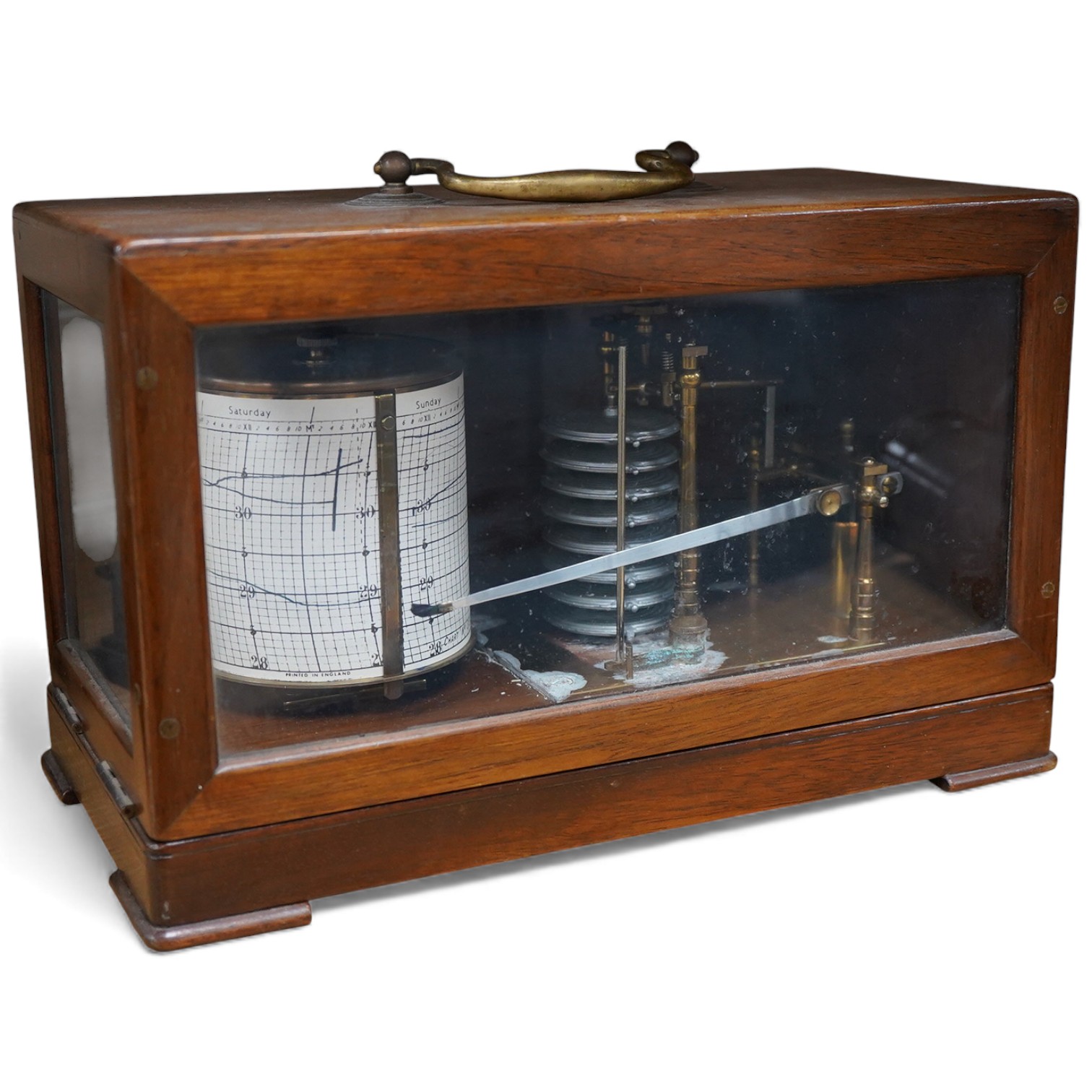 A late 19th century teak cased barograph, without maker’s mark, hinged lid with glazed front, 32.5cm wide, 20cm high, 17cm deep